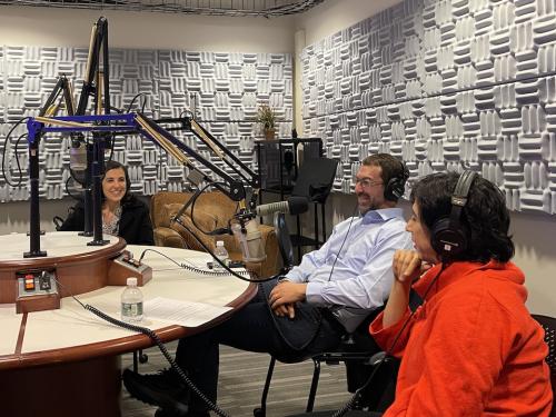 Eliana, Sam, and Rohini sitting in the Yale Broadcast Studio.